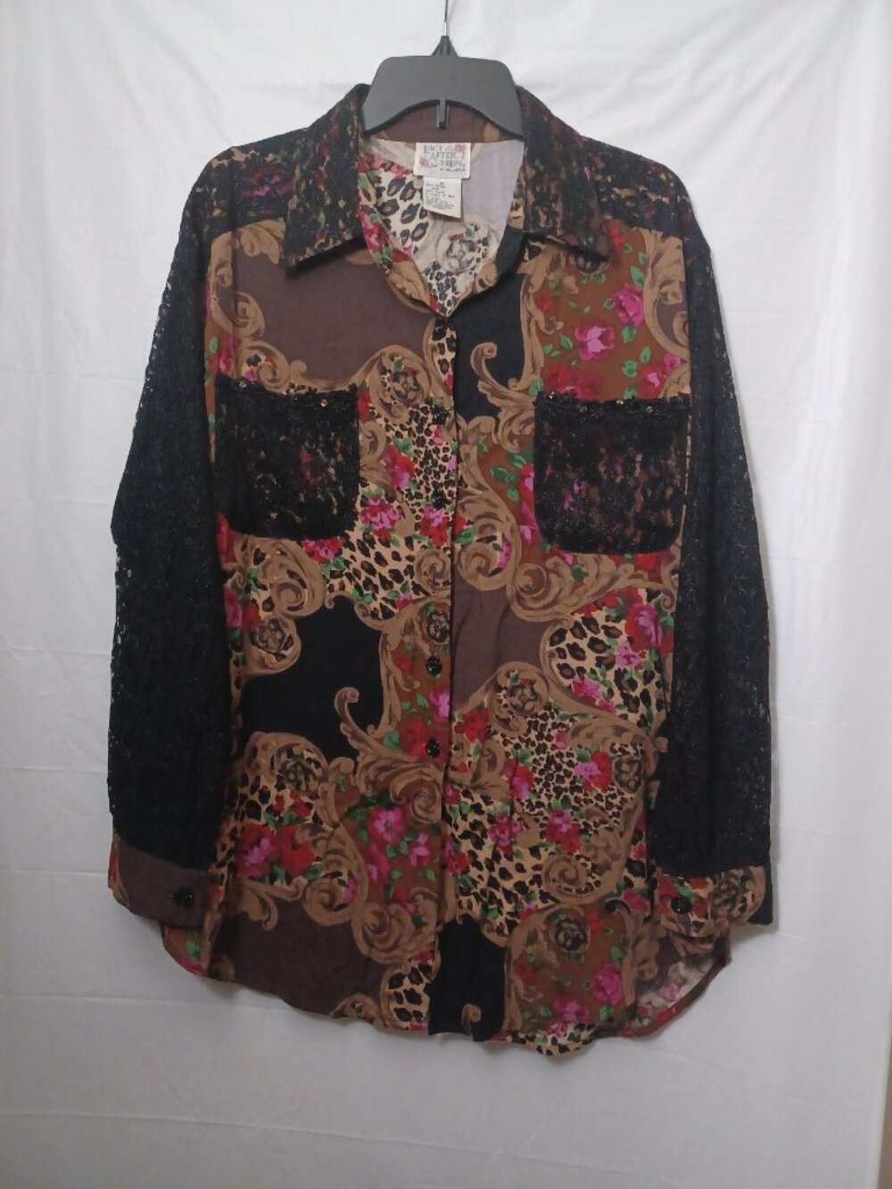 VINTAGE LACY AFTER NOON FLORAL ANIMAL PRINT LACE ACCENT  BUTTON UP SHIRT SIZE XL